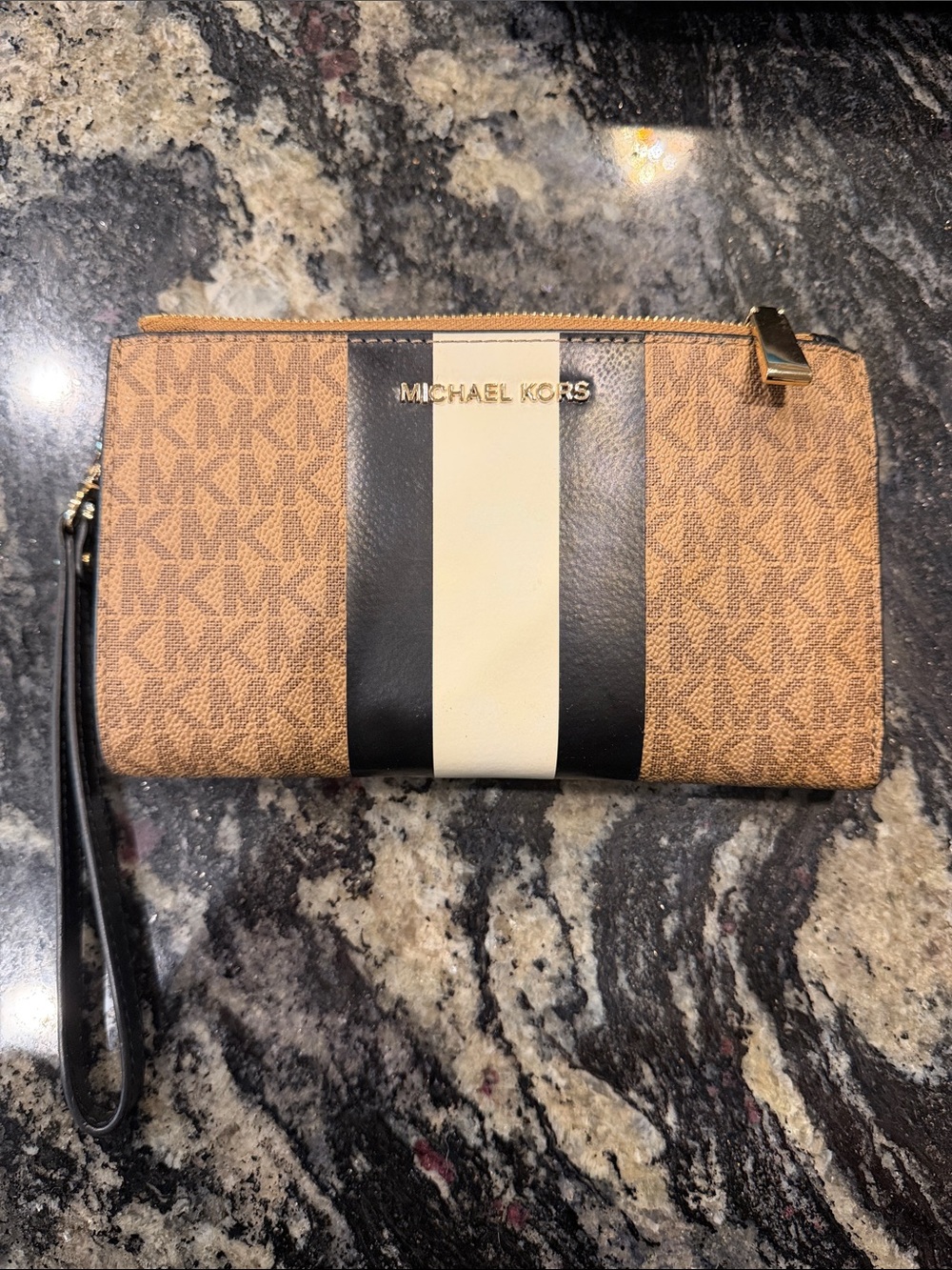 Michael Kors Brown Black Cream Logo Stripe Wristlet
